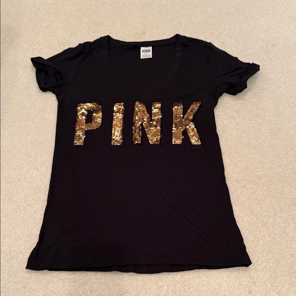 PINK Victoria’s Secret Black Shirt with Gold Sequin Letters 2000s 60% Cotton